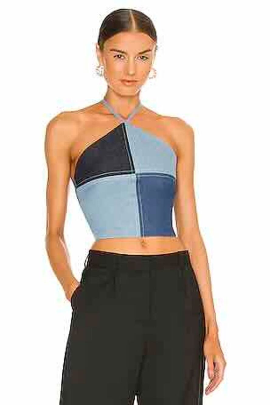 Musier Paris Yuma Denim Patchwork Halter With Lace-Up Back- Size 2 (Size 34)